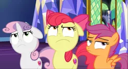 Size: 1631x886 | Tagged: safe, derpibooru import, screencap, apple bloom, scootaloo, sweetie belle, pony, growing up is hard to do, apple bloom is not amused, cropped, cutie mark crusaders, floppy ears, scootaloo is not amused, sweetie belle is not amused, trio, unamused