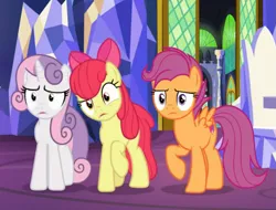 Size: 789x601 | Tagged: safe, derpibooru import, screencap, apple bloom, scootaloo, sweetie belle, pony, growing up is hard to do, confused, cropped, cutie mark crusaders, older, older apple bloom, older cmc, older scootaloo, older sweetie belle, raised hoof, trio