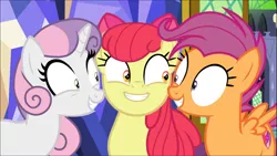 Size: 1669x939 | Tagged: safe, derpibooru import, screencap, apple bloom, scootaloo, sweetie belle, pony, growing up is hard to do, adorabloom, cropped, cute, cutealoo, cutie mark crusaders, diasweetes, excited, older, older apple bloom, older cmc, older scootaloo, older sweetie belle, shrunken pupils, smiling, trio