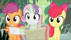 Size: 1591x901 | Tagged: safe, derpibooru import, screencap, apple bloom, scootaloo, sweetie belle, pony, growing up is hard to do, cropped, cute, cutie mark crusaders, glowing horn, horn, levitation, magic, map, older, older apple bloom, older cmc, older scootaloo, older sweetie belle, pointing, smiling, telekinesis, trio