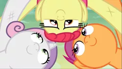 Size: 1667x938 | Tagged: safe, derpibooru import, screencap, apple bloom, scootaloo, sweetie belle, pony, growing up is hard to do, cropped, cute, cutie mark crusaders, huddle, older, older apple bloom, older cmc, older scootaloo, older sweetie belle, scratches, smiling, trio