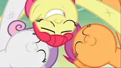 Size: 1668x940 | Tagged: safe, derpibooru import, screencap, apple bloom, scootaloo, sweetie belle, pony, growing up is hard to do, cropped, cute, cutie mark crusaders, eyes closed, huddle, older, older apple bloom, older cmc, older scootaloo, older sweetie belle, scratches, smiling, solo