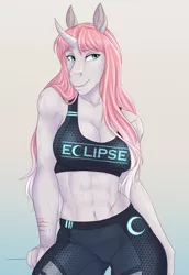 Size: 1752x2550 | Tagged: safe, artist:askbubblelee, derpibooru import, oc, oc:rosie quartz, unofficial characters only, anthro, unicorn, abs, anthro oc, biceps, breasts, clothes, curved horn, digital art, female, horn, mare, muscles, muscular female, scar, smiling, sports bra, sweat, workout outfit