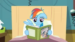 Size: 1920x1080 | Tagged: safe, derpibooru import, screencap, rainbow dash, pegasus, pony, read it and weep, bed, book, floppy ears, solo