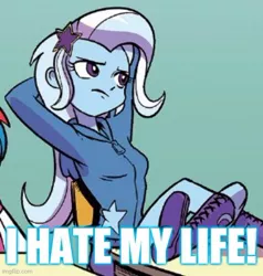 Size: 500x525 | Tagged: safe, derpibooru import, edit, idw, trixie, equestria girls, spoiler:comic, spoiler:comicequestriagirlsmarchradness, caption, cropped, image macro, meme, text, trixie yells at everything