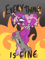 Size: 1510x2000 | Tagged: safe, artist:t72b, derpibooru import, cheerilee, earth pony, pony, 80s, 80s cheerilee, april fools 2020, everything is fine, everything is ruined, female, fire, mare, skateboard, solo