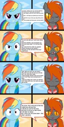 Size: 650x1280 | Tagged: safe, artist:somashield, derpibooru import, rainbow dash, oc, oc:stream blaze, earth pony, pegasus, pony, comic, digital art, female, goggles, male, mare, speech bubble, stallion, text