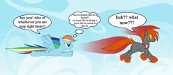 Size: 1280x560 | Tagged: safe, artist:somashield, derpibooru import, oc, oc:stream blaze, earth pony, pegasus, pony, cloud, cutie mark, digital art, female, flying, male, mare, running, sky, speech bubble, stallion, text, wings