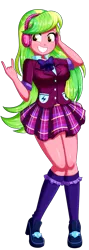 Size: 604x1696 | Tagged: safe, artist:the-butch-x, derpibooru import, lemon zest, equestria girls, bowtie, breasts, clothes, crystal prep academy uniform, crystal prep shadowbolts, female, headphones, legs, plaid skirt, pleated skirt, school uniform, shadowbolts, shoes, simple background, skirt, smiling, socks, solo, thighs, transparent background