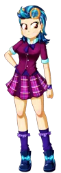 Size: 604x1696 | Tagged: safe, artist:the-butch-x, derpibooru import, indigo zap, equestria girls, breasts, clothes, crystal prep academy uniform, crystal prep shadowbolts, ear piercing, earring, female, goggles, hand on hip, jewelry, piercing, plaid skirt, school uniform, shoes, simple background, skirt, smiling, sneakers, socks, solo, transparent background
