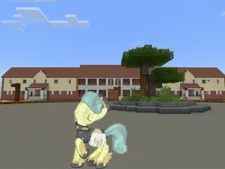 Size: 2048x1536 | Tagged: safe, artist:topsangtheman, derpibooru import, cinnabar, golden hooves, quicksilver, crystal pony, pony, eyes closed, gameloft, house, minecraft, photoshopped into minecraft, pose, raised hoof, roundabout, tree