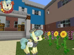 Size: 2048x1536 | Tagged: safe, artist:topsangtheman, derpibooru import, cinnabar, golden hooves, quicksilver, crystal pony, pony, flower, gameloft, garden, house, looking at you, minecraft, photoshopped into minecraft, sunflower