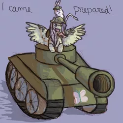 Size: 650x650 | Tagged: safe, artist:trytoasknicely, derpibooru import, angel bunny, fluttershy, pegasus, pony, badass, blog, flutterbadass, helmet, tank (vehicle), text, tumblr