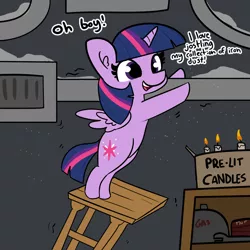 Size: 2250x2250 | Tagged: safe, artist:tjpones, derpibooru import, twilight sparkle, twilight sparkle (alicorn), alicorn, pony, candle, dialogue, explosives, female, joke, literally nsfw, mare, osha violation, petrol, pilotredsun, solo, stool, this will end in death, this will end in explosions, this will end in fire, this will end in tears, this will end in tears and/or death, too dumb to live