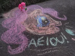 Size: 1067x800 | Tagged: safe, derpibooru import, pinkie pie, pony, aeiou, chalk, chalk drawing, meme, moonbase alpha, photo, toy, traditional art