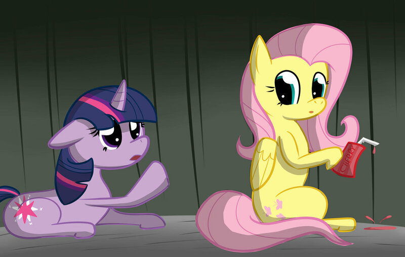 Size: 1024x652 | Tagged: artist needed, safe, derpibooru import, fluttershy, twilight sparkle, pony, unicorn, juice, juice box, looking at each other, sitting, unicorn twilight