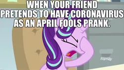 Size: 1920x1080 | Tagged: safe, derpibooru import, edit, edited screencap, editor:useraccount, screencap, starlight glimmer, unicorn, the end in friend, april fools, april fools 2020, caption, coronavirus, covid-19, covidiots, dude not funny, dude not funny (reaction image), facehoof, image macro, meme, prank, solo, text