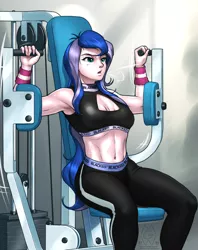 Size: 2250x2845 | Tagged: safe, artist:mykegreywolf, derpibooru import, edit, princess luna, human, equestria girls, abs, armpits, belly, belly button, belly shirt, biceps, blacked, branded hem, cleavage window, clothes, female, gym, halter top, high res, midriff, muscles, pants, princess muscle moona, sitting, solo, sports bra, vice principal luna, vice principal muscle moona, workout, workout outfit