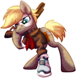 Size: 1024x1047 | Tagged: safe, artist:amura-of-jupiter, derpibooru import, oc, oc:maple wood, oc:maplewood, unofficial characters only, cyborg, earth pony, pony, amputee, bioshock, bioshock infinite, blonde, blonde hair, blonde mane, blue eyes, buttons, clothes, commission, crossover, cutie mark, eyes open, frown, gun, hammer, hoof hold, jacket, leather jacket, looking down, male, mask, necktie, pouting, prosthetic eye, prosthetic leg, prosthetic limb, prosthetics, raised hoof, robotic, robotic legs, short tail, shotgun, simple background, sneer, solo, stallion, standing, transparent background, upset, video game crossover, weapon, wood