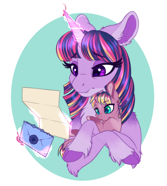 Size: 1129x1254 | Tagged: safe, artist:peridotkitty, derpibooru import, twilight sparkle, twilight sparkle (alicorn), oc, oc:aurora borealis, alicorn, pony, unicorn, baby, baby pony, cloven hooves, fangs, female, filly, foal, holding a pony, letter, magic, mare, mother and child, mother and daughter, offspring, parent:compass star, parent:twilight sparkle, simple background, transparent background, unshorn fetlocks