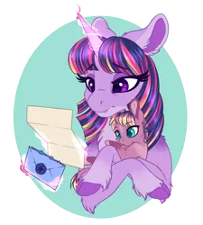 Size: 1129x1254 | Tagged: safe, artist:peridotkitty, derpibooru import, twilight sparkle, twilight sparkle (alicorn), oc, oc:aurora borealis, alicorn, pony, unicorn, baby, baby pony, cloven hooves, fangs, female, filly, foal, holding a pony, letter, magic, mare, mother and child, mother and daughter, offspring, parent:compass star, parent:twilight sparkle, simple background, transparent background, unshorn fetlocks