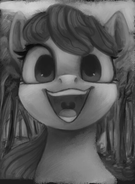 Size: 1280x1743 | Tagged: safe, artist:violettacamak, derpibooru import, apple bloom, earth pony, pony, looking at you, monochrome, open mouth, solo