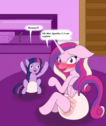 Size: 4500x5347 | Tagged: suggestive, artist:diaperednight, derpibooru import, princess cadance, pony, baby, baby pony, babysitting, blushing, caught, changing table, diaper, diaper fetish, diaper package, fetish, foal, foalsitting, i can explain, poofy diaper, story in the source