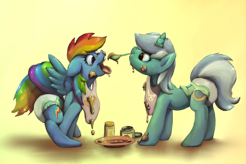 Size: 3415x2278 | Tagged: suggestive, artist:asdfasfasda, derpibooru import, lyra heartstrings, rainbow dash, pegasus, pony, unicorn, adult foal, baby food, bib, diaper, diaper fetish, feeding, female, fetish, image, jpeg, mare, messy eating, mouth hold, open mouth, tongue out