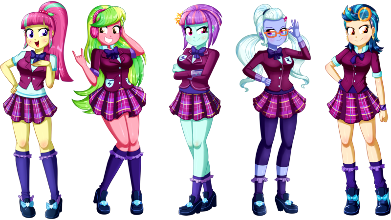 Size: 3020x1699 | Tagged: safe, artist:the-butch-x, derpibooru import, indigo zap, lemon zest, sour sweet, sugarcoat, sunny flare, equestria girls, clothes, crystal prep academy uniform, crystal prep shadowbolts, cute, hand on hip, leggings, legs, looking at you, plaid skirt, pleated skirt, ponytail, quintet, school uniform, shadow five, simple background, skirt, smiling, sourbetes, sugarcute, thighs, transparent background, zapabetes