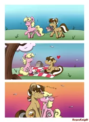 Size: 2543x3496 | Tagged: safe, artist:rosexknight, derpibooru import, oc, oc:short fry, oc:whip up, earth pony, pony, unicorn, comic:cherry bomb, basket, cherry blossoms, chubby, comic, cup, descriptive noise, female, flower, flower blossom, food, grass, heart, laughing, lidded eyes, male, one eye closed, outdoors, picnic, picnic basket, picnic blanket, plate, sandwich, size difference, straw, sunset, tree, whort