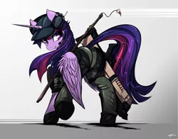 Size: 3696x2893 | Tagged: safe, artist:mirapony, derpibooru import, edit, twilight sparkle, twilight sparkle (alicorn), alicorn, pony, butt, cap, clothes, crossover, gun, hat, headset, implied lesbian, implied shipping, implied twidash, keychain, plot, ranger, shotgun, signature, solo, sword, twibutt, weapon, x-com, xcom 2