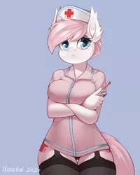 Size: 4000x5000 | Tagged: suggestive, artist:iloota, derpibooru import, edit, nurse redheart, anthro, earth pony, :<, absurd resolution, blue background, bottomless, breasts, busty nurse redheart, clothes, crossed arms, female, garters, mare, nurse, partial nudity, rectal thermometer, requested art, simple background, socks, solo, solo female, stockings, thermometer, thigh highs, underass