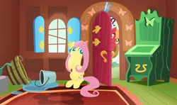 Size: 2160x1280 | Tagged: safe, anonymous artist, derpibooru import, big macintosh, fluttershy, earth pony, pegasus, pony, series:fm holidays, april fools, bucket, confused, door, female, fluttermac, fluttershy's cottage, glass of water, lineless, lip bite, male, mare, no pupils, prank, puddle, question mark, raised eyebrow, shipping, smiling, stallion, straight
