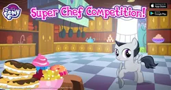 Size: 1200x630 | Tagged: advertisement, chef's hat, cupcake, derpibooru import, eclair, facebook, food, gameloft, hat, hoof hold, jello, kitchen, official, rumble, safe, solo, spoon