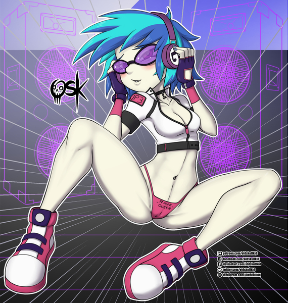 Size: 1837x1932 | Tagged: questionable, alternate version, artist:oldskullkid, derpibooru import, vinyl scratch, equestria girls, blushing, breasts, cameltoe, cleavage, clothes, converse, female, fingerless gloves, gloves, image, jpeg, leggings, legs, lidded eyes, looking at you, midriff, panties, pink underwear, shoes, short shirt, solo, solo female, spread legs, spreading, thighs, thong, underwear, vinyl's glasses, zipper