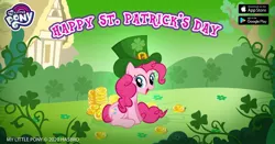 Size: 1200x630 | Tagged: safe, derpibooru import, official, pinkie pie, clover, coin, facebook, four leaf clover, gameloft, gold, green, hat, holiday, saint patrick's day, shamrock, solo, top hat