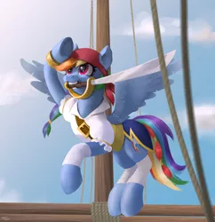 Size: 1920x1985 | Tagged: safe, artist:hardbrony, derpibooru import, rainbow dash, pegasus, pony, my little pony: the movie, clothes, cloud, female, mare, mouth hold, pirate dash, ship, sky, solo, sword, weapon