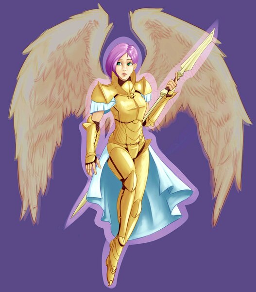 Size: 1896x2160 | Tagged: armor, artist:justpony, derpibooru import, fluttershy, human, humanized, safe, solo, spear, weapon, winged humanization, wings