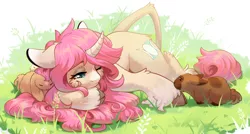 Size: 2700x1447 | Tagged: safe, artist:peachmayflower, derpibooru import, oc, oc:tarot, unofficial characters only, classical unicorn, pony, rabbit, unicorn, animal, cloven hooves, curved horn, cute, digital art, female, floppy ears, fluffy, freckles, grass, grass field, horn, leonine tail, long mane, long tail, mare, palomino, pink mane, smiling, solo, unshorn fetlocks