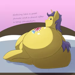 Size: 2500x2500 | Tagged: suggestive, artist:lupin quill, derpibooru import, mint condition, pony, unicorn, bed, bedroom eyes, belly, bhm, big belly, butt, chubby cheeks, fat, fat fetish, fetish, huge butt, large butt, laying on bed, looking at you, looking back, looking back at you, male, obese, on bed, plot, side, solo, solo male, the ass was fat