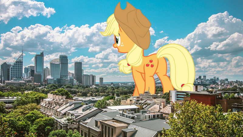 Size: 3200x1800 | Tagged: safe, artist:luckreza8, artist:theotterpony, derpibooru import, edit, vector edit, applejack, earth pony, pony, city, cowboy hat, cutie mark, female, freckles, giant pony, hat, highrise ponies, irl, macro, mare, open mouth, photo, ponies in real life, scenery, solo, stetson, story in the source, story included, vector