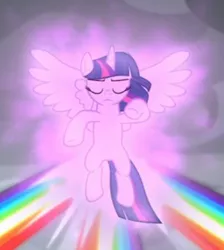 Size: 388x433 | Tagged: alicorn, cropped, derpibooru import, eyes closed, floating, focus, glow, magic of friendship, rainbow, safe, screencap, solo, spread wings, the ending of the end, twilight sparkle, twilight sparkle (alicorn), wings
