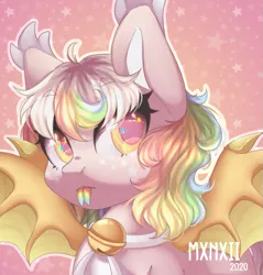 Size: 909x950 | Tagged: safe, artist:mxnxii, derpibooru import, oc, oc:puffle, bat pony, pony, bell, bell collar, bust, collar, female, mare, portrait, solo, tongue out
