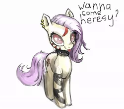Size: 889x779 | Tagged: safe, artist:justpony, derpibooru import, fluttershy, pony, alternate hairstyle, choker, chokershy, cultist chan, ear piercing, earring, heresy, jewelry, mlem, piercing, punk, reference, silly, simple background, solo, spiked choker, tongue out, warhammer (game), warhammer 40k, white background