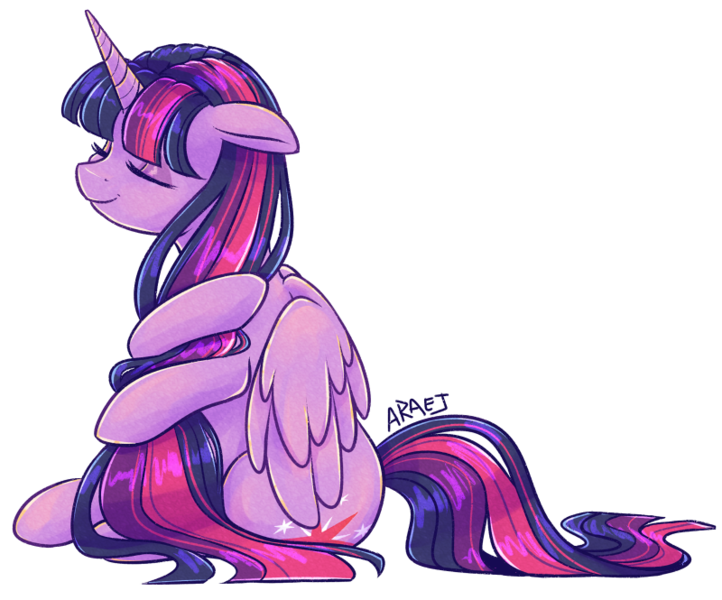 Size: 800x665 | Tagged: safe, artist:araej, artist:vampireselene13, derpibooru import, twilight sparkle, twilight sparkle (alicorn), alicorn, pony, cute, eyes closed, female, long mane, mare, relaxing, simple background, sitting, solo, transparent background, twiabetes