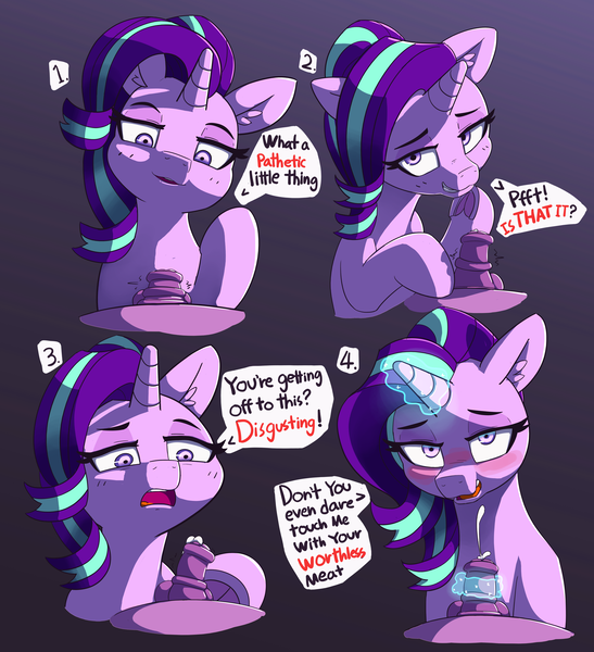 Size: 5000x5483 | Tagged: explicit, artist:pabbley, derpibooru import, starlight glimmer, twilight sparkle, unicorn, art pack:fun size, balls, blushing, comic, cum, cumming, dialogue, floppy ears, futa, futa twilight sparkle, gradient background, horsecock, humiliation, intersex, looking at you, magic, magical stimulation, nudity, offscreen character, penis, pov, small penis, small penis humiliation