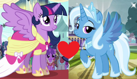 Size: 554x320 | Tagged: safe, derpibooru import, edit, edited screencap, idw, screencap, trixie, twilight sparkle, twilight sparkle (alicorn), alicorn, pony, magical mystery cure, reflections, spoiler:comic, alicornified, clothes, coronation dress, dress, female, gameloft, idw showified, lesbian, princess of humility, race swap, shipping, shipping domino, trixiecorn, twixie
