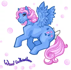 Size: 502x493 | Tagged: artist needed, safe, derpibooru import, wind whistler, pony, abstract background, bow, flying, g1, looking at you, tail bow