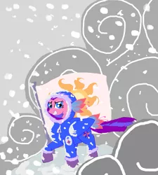 Size: 963x1072 | Tagged: safe, artist:bibliodragon, derpibooru import, north star, pony, clothes, cloud, flag, g1, g1 to g4, generation leap, snow, snowsuit