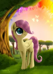 Size: 1600x2216 | Tagged: safe, artist:darksly, derpibooru import, fluttershy, butterfly, pegasus, pony, blank flank, bush, cute, eye reflection, female, filly, filly fluttershy, folded wings, grass, hair over one eye, looking at something, looking up, outdoors, reflection, shyabetes, smiling, solo, sonic rainboom, standing, three quarter view, tree, wings, younger